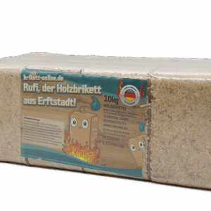 Das Bild zeigt ein Paket von Rufis RUF-Briketts mit 10 Kilogramm Gewicht.