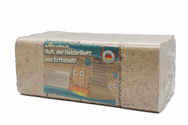 Das Bild zeigt ein Paket von Rufis RUF-Briketts mit 10 Kilogramm Gewicht.
