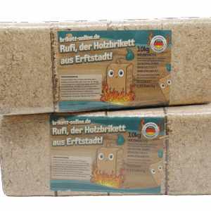 Das Bild zeigt zwei Pakete von Rufis RUF-Briketts zu je 10 Kilogramm Gewicht.
