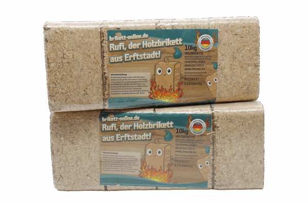 Das Bild zeigt zwei Pakete von Rufis RUF-Briketts zu je 10 Kilogramm Gewicht.